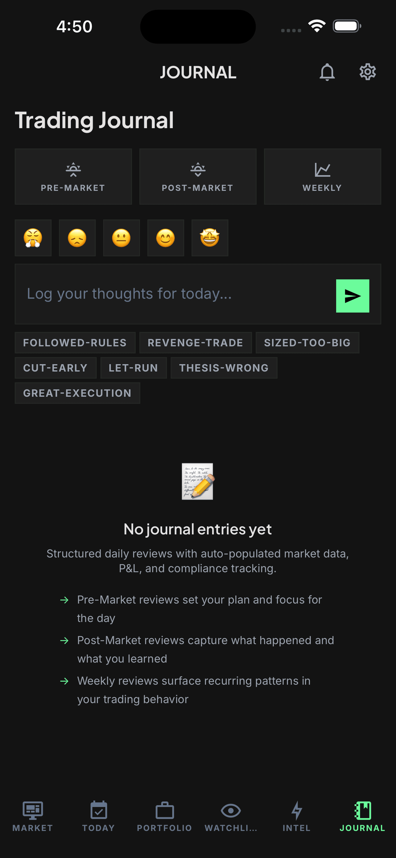 TradeRegimen Journal screen showing daily and weekly review choices